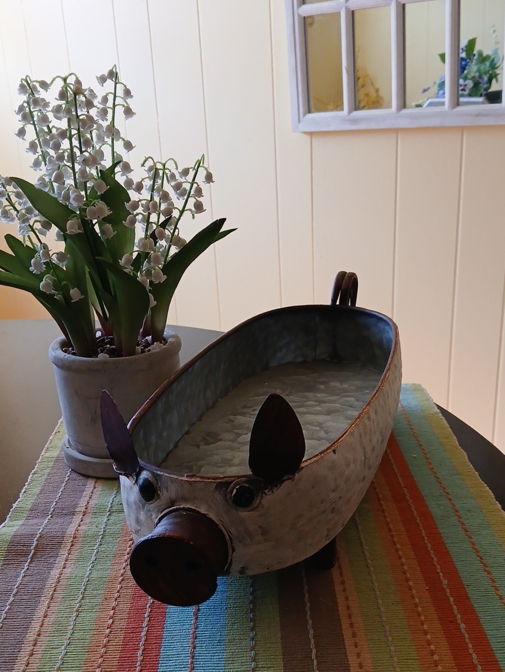 Metal Pig Planter / Decorative Trough - Silver with Brown Accents